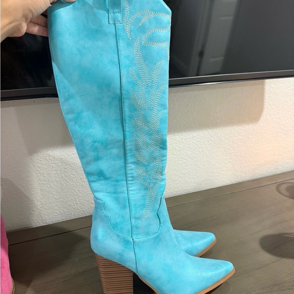 Turquoise Knee-High Western Block Heel Boots - Women